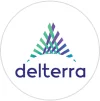 A triangle made up of green, purple and blue lines. Delterra logo. 