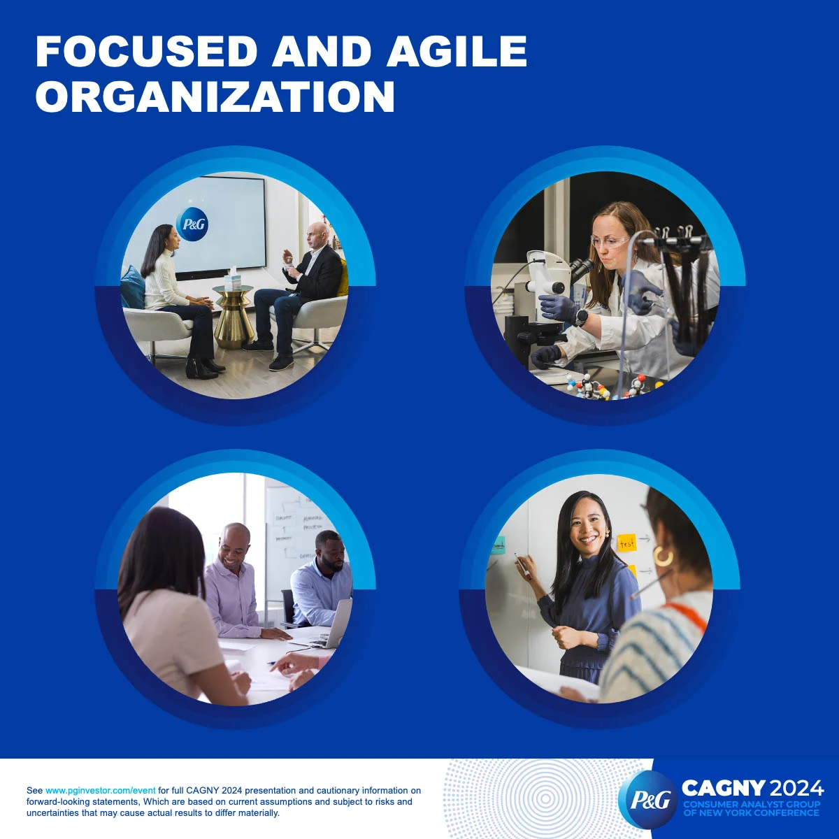 Four images are cropped into circles displayed in a two by two format. A man and women sit facing each other. A female scientist in a lab. A female and two male colleagues sit at a conference table. A women smiles as she writes on a white board.