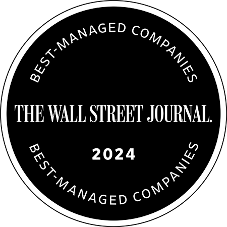 A round black circle with white text that says "The Wall Street Journal. Best managed companies 2024.