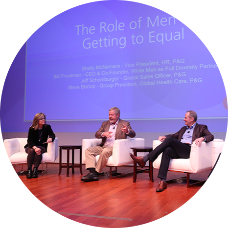 Shelly McNamara moderates a discussion with Bill Proudman, CEO and Co-Founder of White Men as Full Diversity Partners, and Jeffrey Schomburger and Steven Bishop of P&G about the important role men play in creating a more equal world
