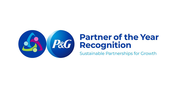 Two round blue logos are side by side. Blue text says, "Partner of the year recognition. Sustainable partnerships for growth."