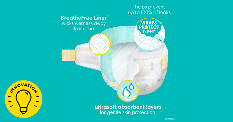 Pampers Swaddlers diaper on teal backdrop highlights 'BreatheFree Liner' for skin dryness, 'Wrap & Protect system' for leak prevention, and 'ultrasoft absorbent layers' for gentle baby skin care.