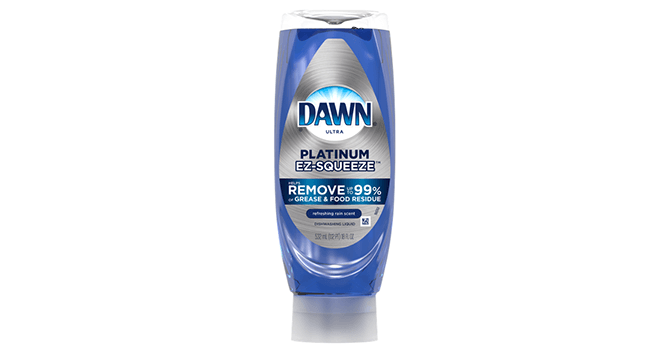 A clear, tall plastic bottle of Dawn E-Z squeeze dish soap contains blue liquid. A silver label displays product benefits, details and weight. A white cap is placed on the bottom of the bottle, indicating that users can directly squeeze out soap.