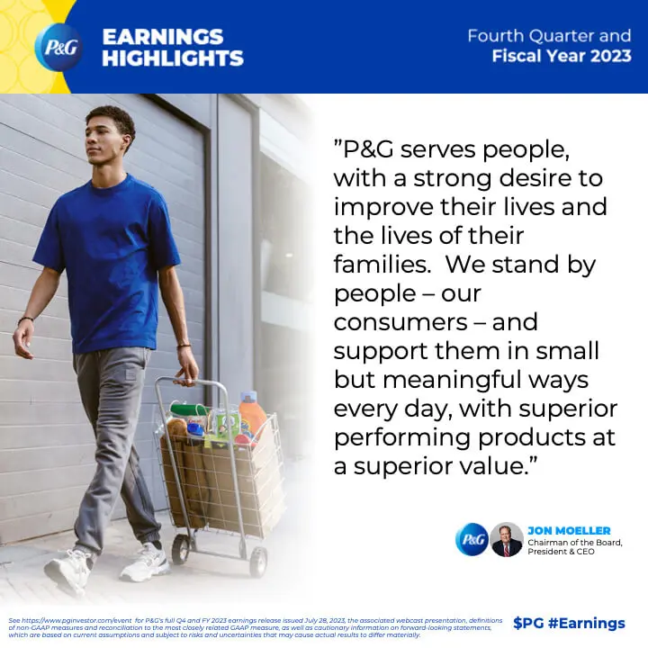 A quote from Procter and Gamble Chairman of the Board, President and CEO, Jon Moeller is placed next to an image of a young African American male pulling a cart filled with Procter and Gamble products.