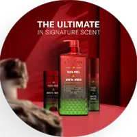 Old Spice body care bottles in red and green packaging displayed against a red backdrop
