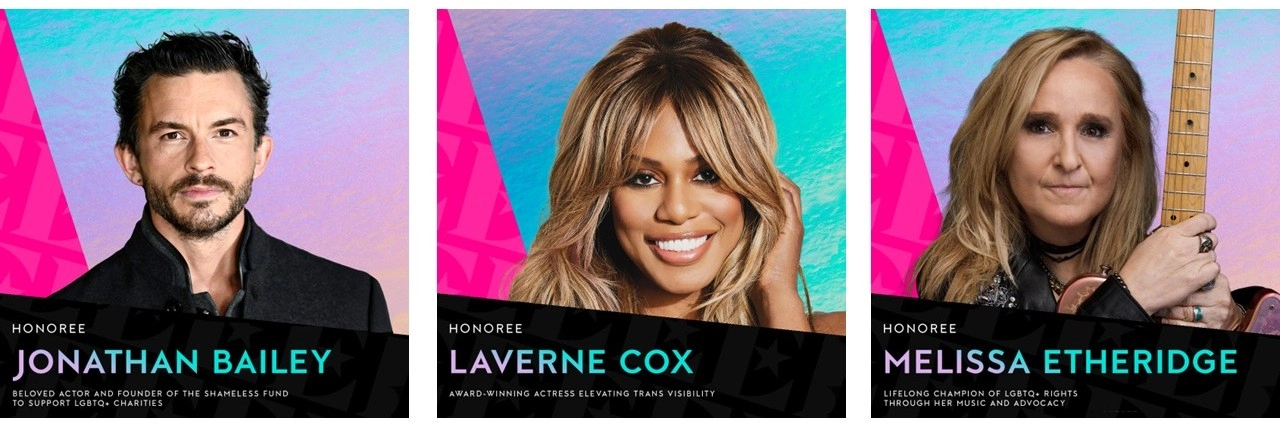 Headshot of honorees Jonathan Bailey, Laverne Cox, and Melissa Etheridge. 