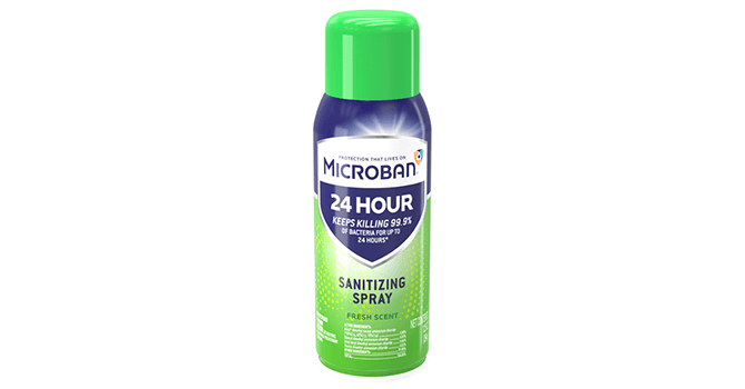 A bright green cylinder shaped bottle displays the dark blue typeface logo for Microban. White and dark blue text is featured throughout the label indicates the product is a sanitizing spray in a fresh scent.