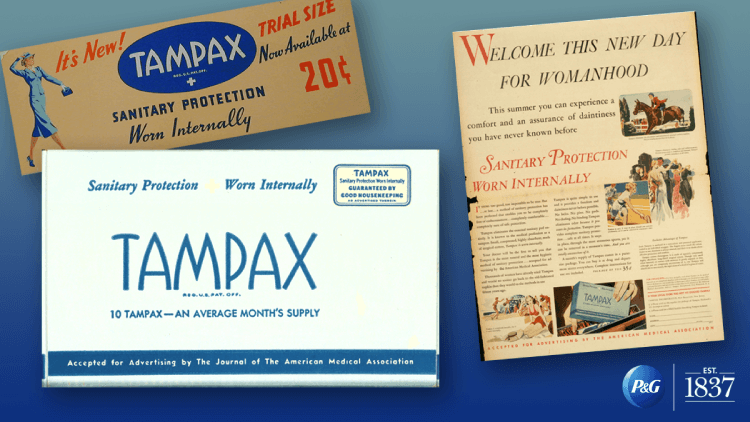 A white box top with blue text displays "Tampax." Another brown box top includes colored text and an illustration of a woman in a blue skirt suit. Both boxes are historical versions of Tampax packaging. A full page magazine clip sits on the right.