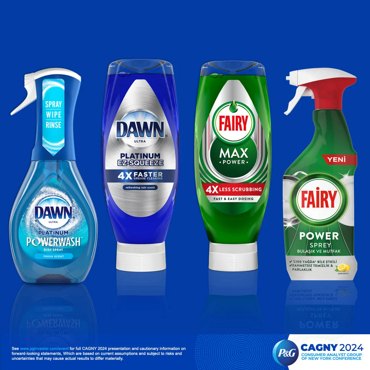Four bottles of dishwashing liquid are lined up in a row. The first two on the left are blue bottles of Dawn dish spray and dish soap. On the right are two green bottles of Fairy dish spray and dish soap.