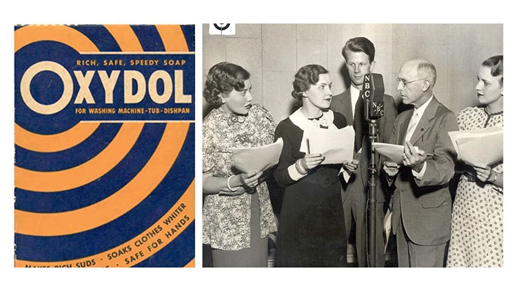 An old package for Oxydol fabric detergent is shown alongside a black and white image of five people standing around a microphone