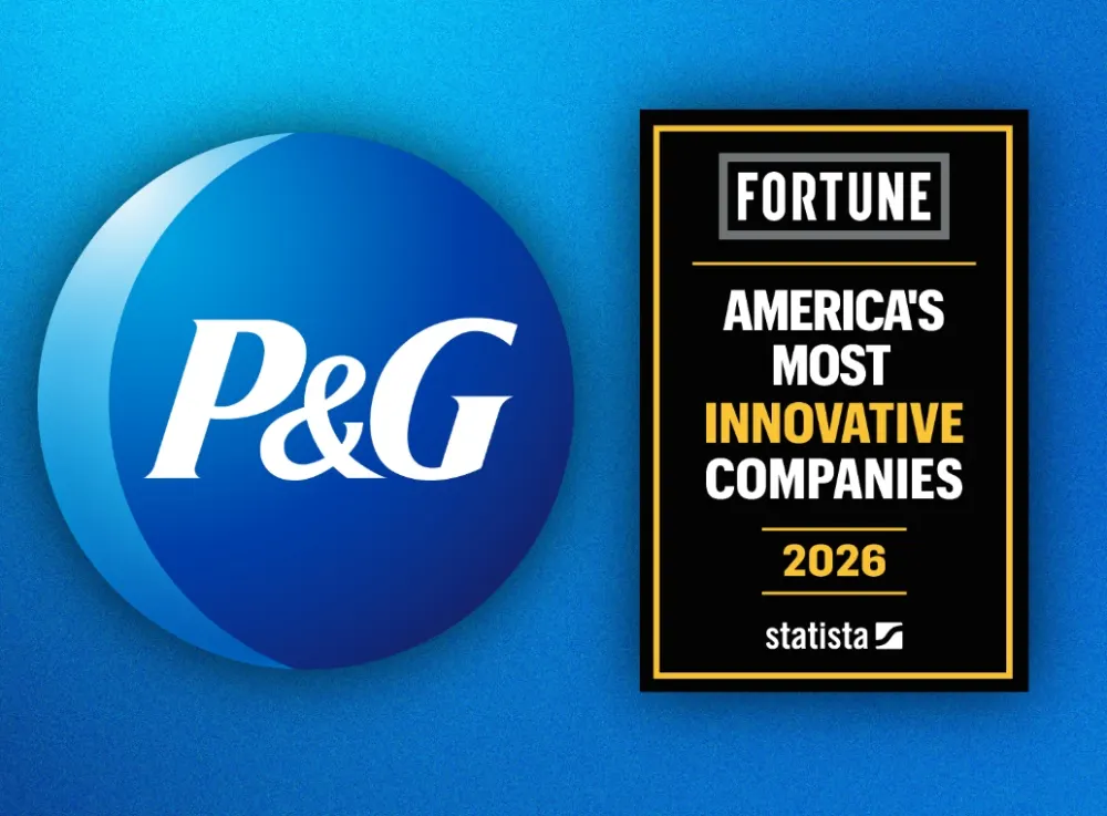 Blue circle with P&G logo and a black badge honoring "America's Most Innovative Companies 2026.