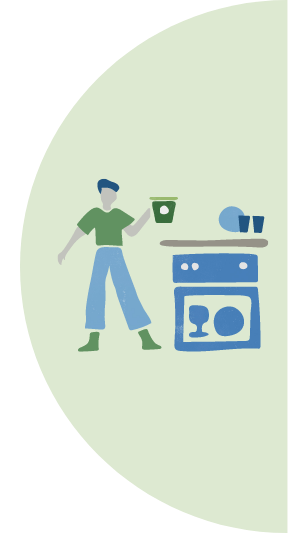 Illustration of a person in front of a dishwasher holding detergent