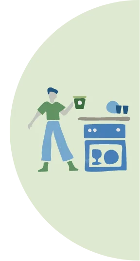 Illustration of a person in front of a dishwasher holding detergent