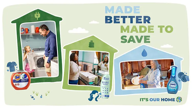Images of diverse families are featured in a collage of green and blue illustrated homes. Images of Procter and Gamble products, like Tide detergent, Head &  Shoulders shampoo and Dawn dishwashing liquid are placed next to each image.