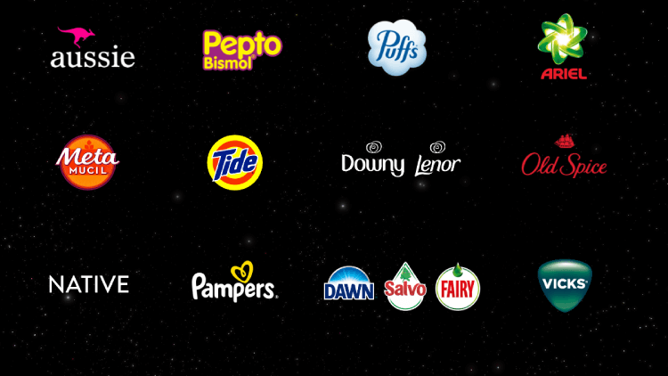 12 logos are featured against a black backdrop. The brands received P&G's Best of Brand Award in 2023, including Aussie, Pepto Bismol, Puffs, Ariel, Metamucil, Tide, Downy & Lenor, Old Spice, Native, Vicks, Dawn/Salvo/Fairy and Pampers.
