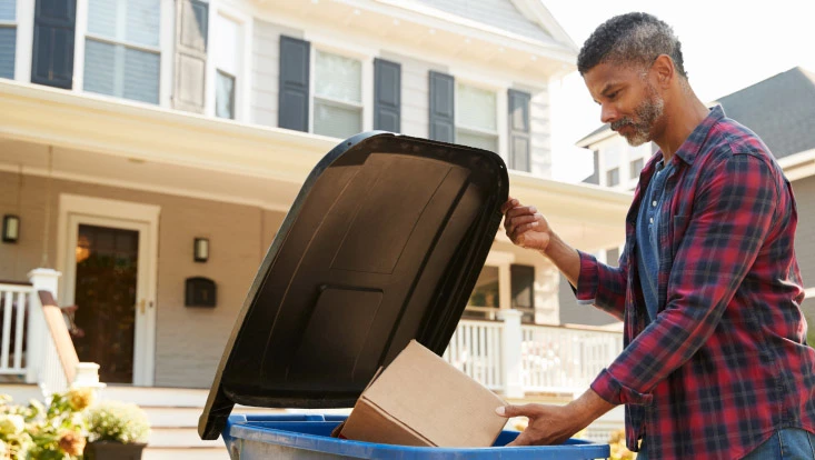 Man throwing packaging into a recycling bin