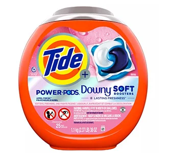 A round orange plastic container. The blue, orange and yellow Tide logo is on the label, along with an image of a blue and white laundry detergent pod.