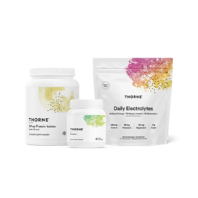 From left to right: Thorne Whey Protein Isolate, Creatine, Daily Electrolytes