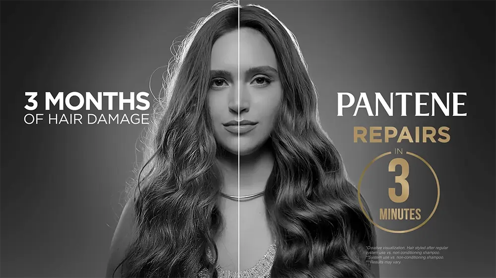 A split image of a woman's hair illustrates hair damage on one side and repaired hair on the other.