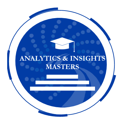 A round blue logo with a white graduation cap. White text says “analytics & insights masters.”
