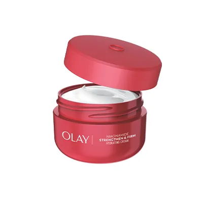 Open red jar of Olay Niacinamide Strengthen & Firm Hydrating Cream with visible white cream inside