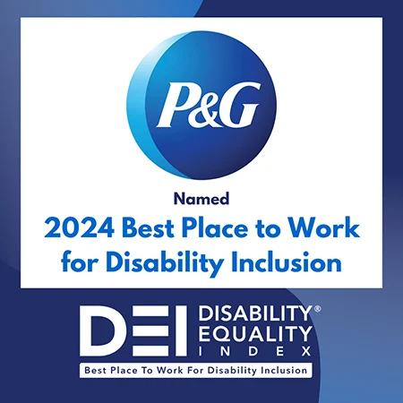 The blue and white P&G logo. Blue text reads "2024 best place to work for disability inclusion." White text logo for "DEI disability equality index."