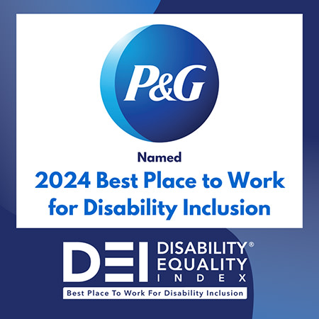 The blue and white P&G logo. Blue text reads "2024 best place to work for disability inclusion." White text logo for "DEI disability equality index."