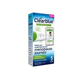 A blue and white box with a blue Clearblue logo and product name. The box features the image of a digital menopause test and text indicating its results help you understand your menopause journey.