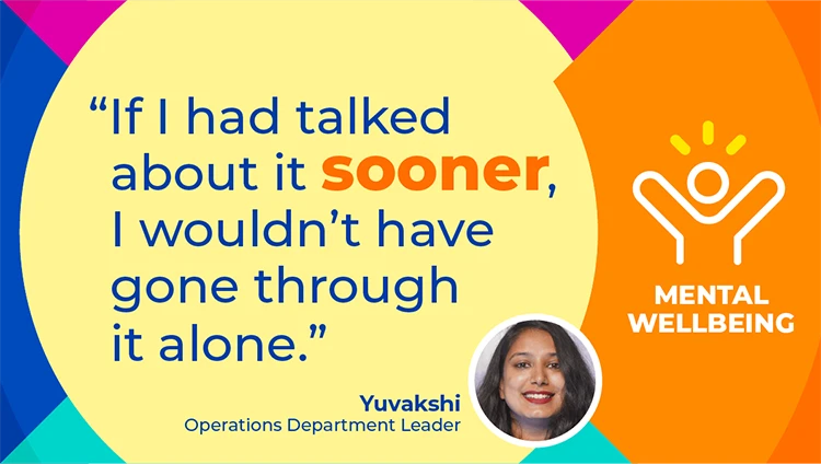 Brightly colored rectangle with the quote “If I had talked about it sooner, I wouldn’t have gone through it alone” with photo of a smiling woman for Mental Health Awareness Month.