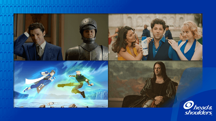 A collection of three images include various men and women from Head and Shoulders anti-dandruff commercials. A fourth image features two animated men.