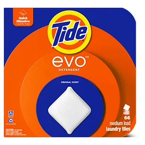 A square blue and orange box of Tide evo. The two corners on the right are rounded, and a picture of a square white fiber swatch is visible.