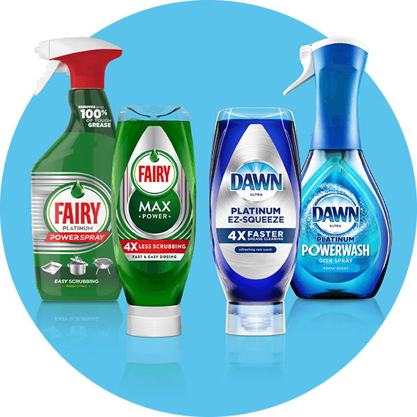 Four packages of hand dish detergent – one each of Fairy Power Spray, Dawn Powerwash, Dawn EZSqueeze and Fairy MaxPower