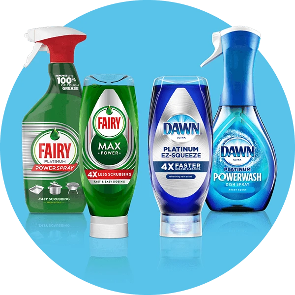 Four packages of hand dish detergent – one each of Fairy Power Spray, Dawn Powerwash, Dawn EZSqueeze and Fairy MaxPower
