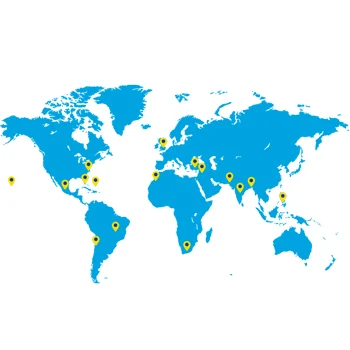 A blue map of continents marked with yellow dots indicating locations where P&G has provided disaster relief.