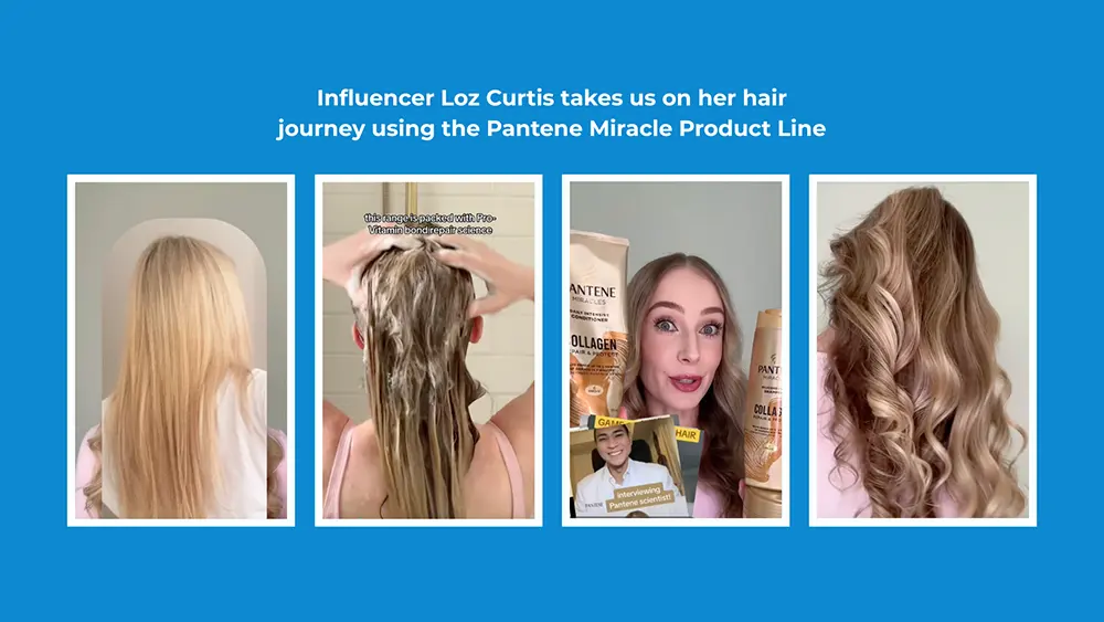  A blue-background image displays four panels demonstrating an influencer's hair journey using the Pantene Miracle Product Line.