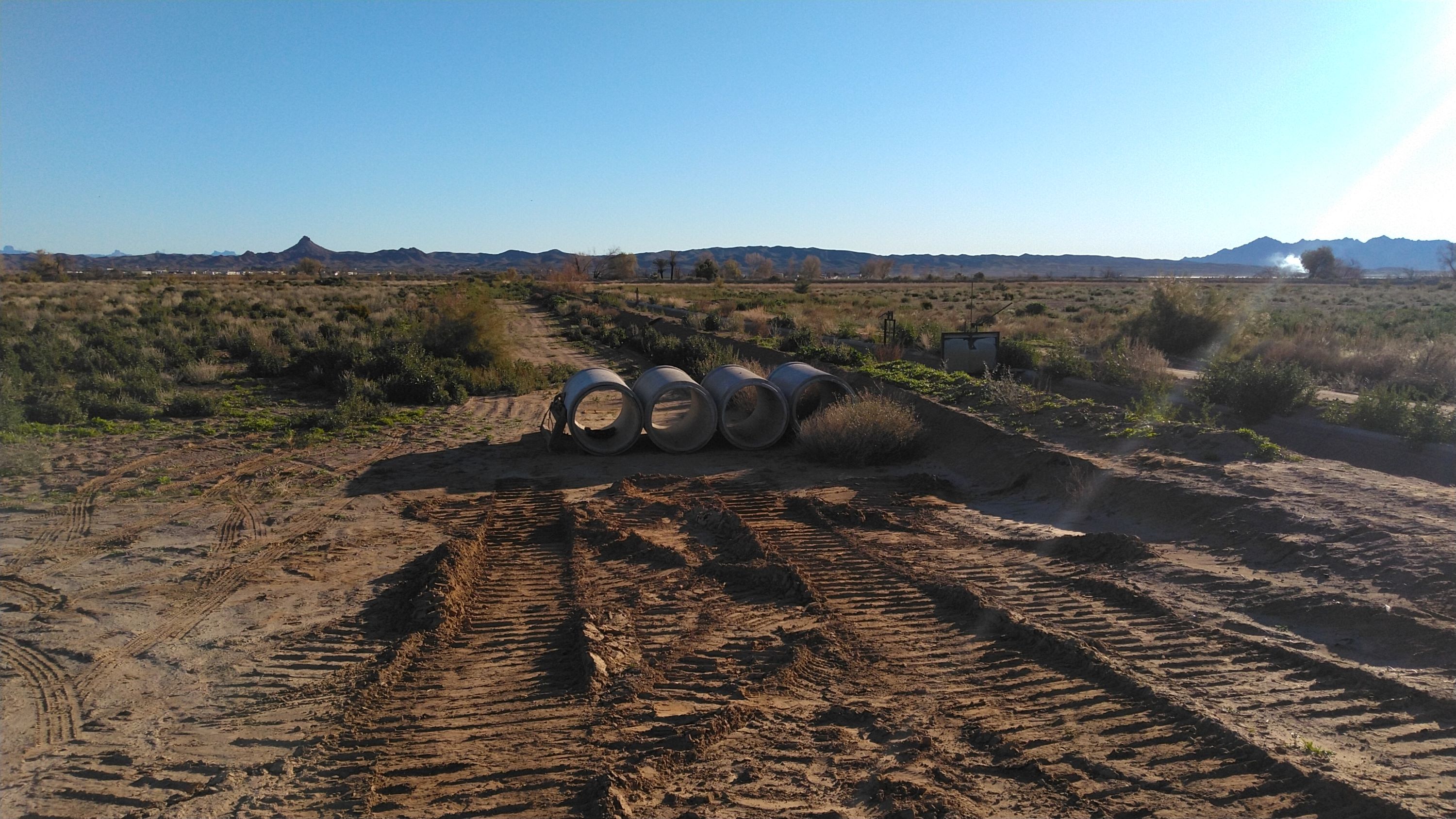 A wide desert field, with rows of green bushes. Four large cement cylinders lie on the ground