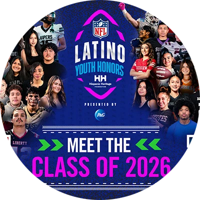 A collage of young Hispanic athletes and students against a purple background. Text graphic announcing students of an NFL youth program.