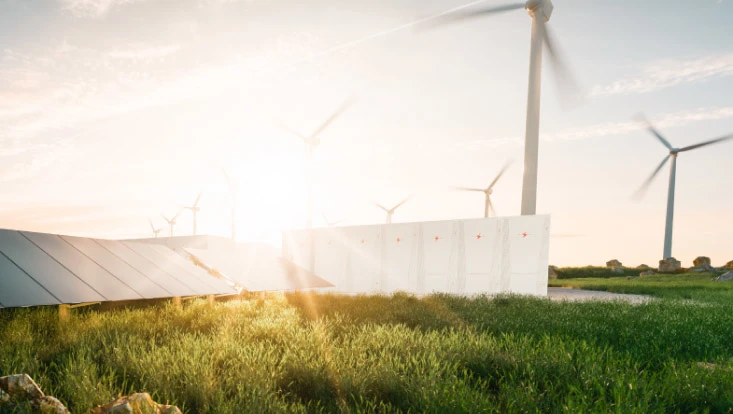 Windmills in a field of grass