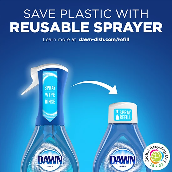 Two blue Dawn dish soap bottles are displayed. One taller, and the other is shorter with a white sticker that reads "spray refill." White text at the top says "save plastic with reusable sprayer."