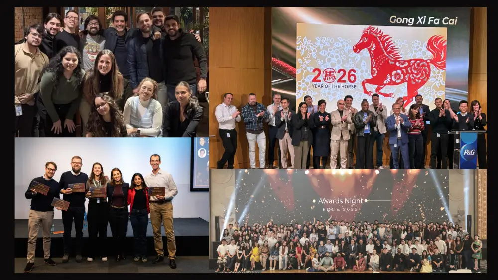 A collage depicts various corporate events, including groups of people gathered casually, a large group on stage applauding a "2026 Year of the Horse" celebration, a smaller group holding awards, and a festive "Awards Night" with a large crowd and confetti