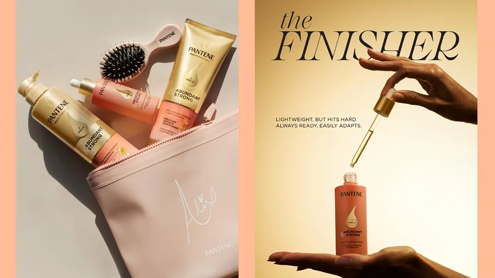 Shows Pantene hair products and a brush in a pink pouch on the left, and a hand holding a Pantene oil bottle with a dropper, labeled "the FINISHER," on the right