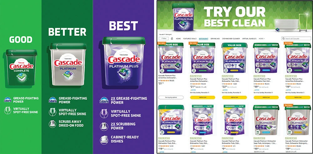 Two side by side images feature various plastics tubs with green and purple labels for the Cascade Platinum dishwasher pods.