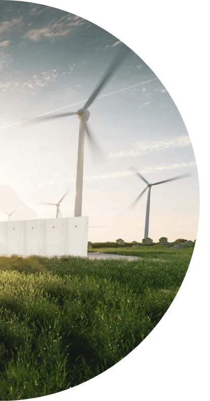 Several wind turbines spin in a green field