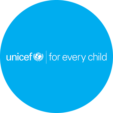 Unicef logo and for every child text on a blue background.