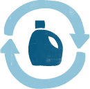 Illustration of a blue detergent bottle with two arrows making a circle around it