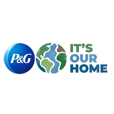 The blue P&G logo is next to a blue, green and brown illustration of Earth. Next to both images is blue and green text that reads, "It's our home."