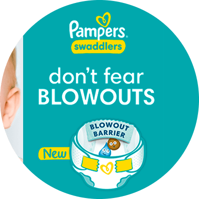 A baby boy with light skin, blond hair, and blue eyes looks surprised beside the Pampers Swaddlers logo and 'Don't Fear Blowouts' text. It highlights the diaper's Blowout Barrier for leak and blowout prevention.