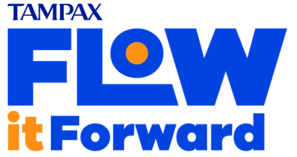 A blue and orange text logo says, "Tampax. Flow it forward."