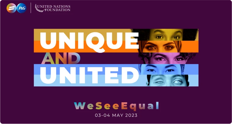 Multiple photos of different people’s eyes with the title “Unique and United” next to the images.