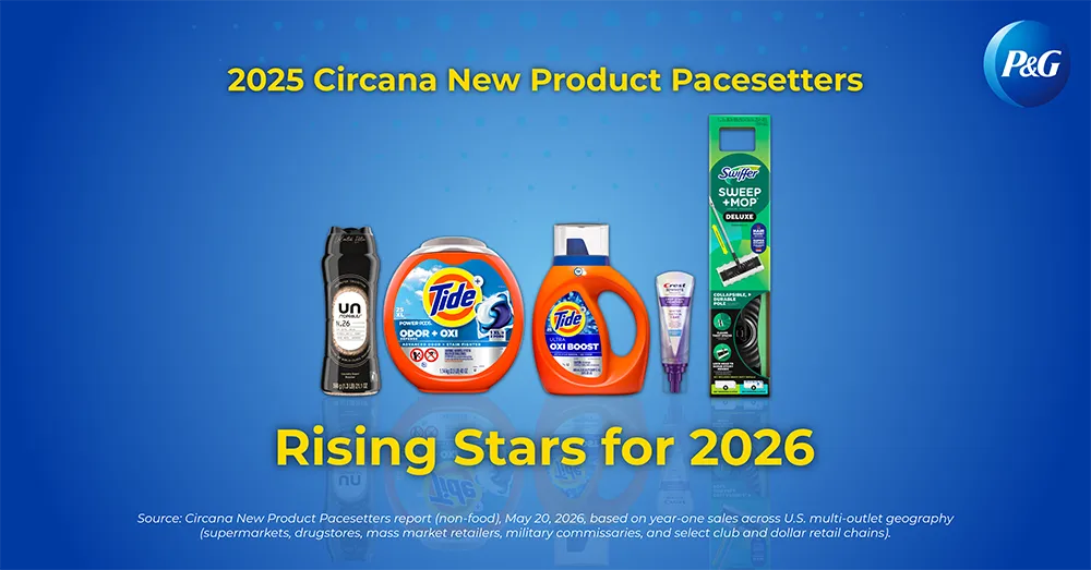 A blue image with "2025 Circana New Product Pacesetters" at the top, followed by "Rising Stars for 2026," showcases five P&G products.